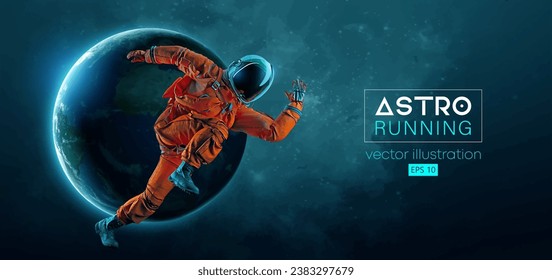 Silueta abstracta de un astronauta atleta en carrera en acción espacial y Tierra, Marte, planetas sobre el fondo del espacio. Un corredor está corriendo a correr sprint o maratón. Ilustración del vector 3d