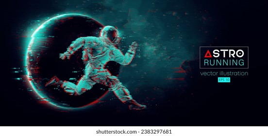 Abstract silhouette of a running athlete astronaut in space action and Earth, Mars, planets on the background of the space. Runner man are running sprint or marathon. Vector 3d render illustration