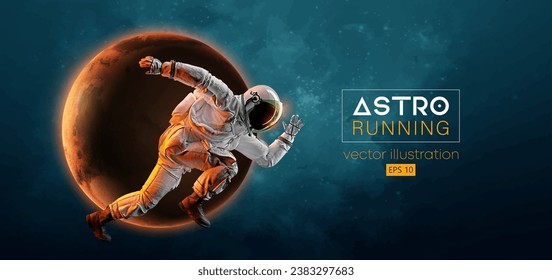 Abstract silhouette of a running athlete astronaut in space action and Earth, Mars, planets on the background of the space. Runner man are running sprint or marathon. Vector 3d render illustration