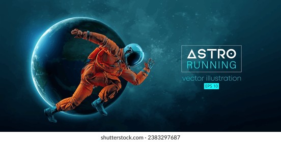 Abstract silhouette of a running athlete astronaut in space action and Earth, Mars, planets on the background of the space. Runner man are running sprint or marathon. Vector 3d render illustration