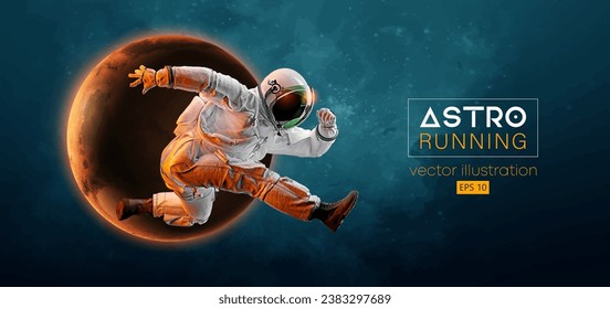 Abstrakte Silhouette eines Laufathleten Astronauten in Raumfahrt und Erde, Mars, Planeten auf dem Hintergrund des Raumes. Läufer laufen Sprint oder Marathon. Vektorgrafik 3D-Darstellung