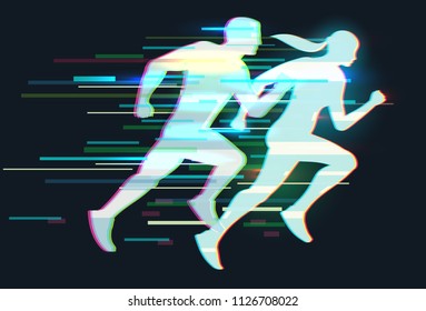 Abstract silhouette running man and woman in moderd distorted glitch style. Healthy lifestyle concept. Vector illustration.