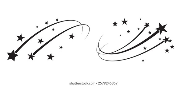 Abstract silhouette of shooting star. Shooting stars icon vector set. Black falling stars icon. Meteorite and comet symbols. Flying comet with tail, falling meteor, abstract galaxy element.