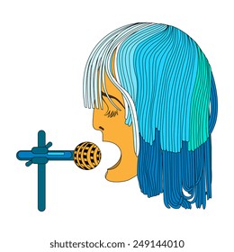 An abstract silhouette of the singer with a microphone on a white background
