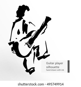 Abstract silhouette of sitting guitarist who plays spanish guitar. Black contour illustration hand drawn with ink.