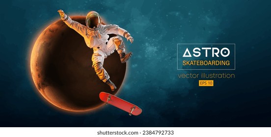 Abstract silhouette of a skateboarder astronaut in space action and Earth, Mars, planets on the background of the space.. The skateboarder man is doing a trick. Vector 3d render illustration