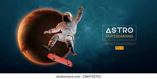 Silhouette abstracta de un astronauta de patinaje en acción espacial y Tierra, Marte, planetas en el fondo del espacio. El hombre del patinador está haciendo un truco. Ilustración del vector 3d