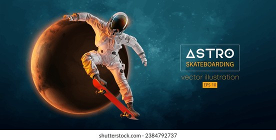 Abstract silhouette of a skateboarder astronaut in space action and Earth, Mars, planets on the background of the space.. The skateboarder man is doing a trick. Vector 3d render illustration