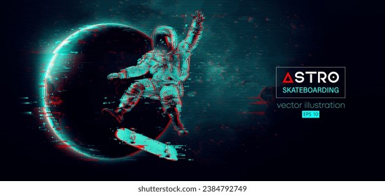 Abstract silhouette of a skateboarder astronaut in space action and Earth, Mars, planets on the background of the space.. The skateboarder man is doing a trick. Vector 3d render illustration