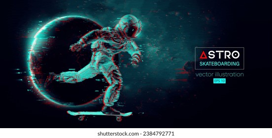 Silhouette abstracta de un astronauta de patinaje en acción espacial y Tierra, Marte, planetas en el fondo del espacio. El hombre del patinador está haciendo un truco. Ilustración del vector 3d