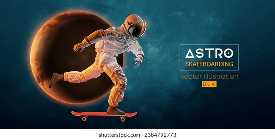 Abstract silhouette of a skateboarder astronaut in space action and Earth, Mars, planets on the background of the space.. The skateboarder man is doing a trick. Vector 3d render illustration