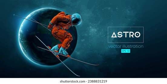 Abstract silhouette of a skiing astronaut in space action and Earth, Mars, planets on the background of the space. The skier man doing a trick. Carving Vector 3d render illustration