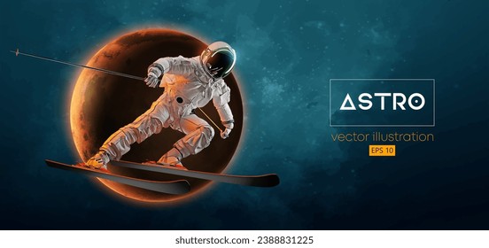 Abstract silhouette of a skiing astronaut in space action and Earth, Mars, planets on the background of the space. The skier man doing a trick. Carving Vector 3d render illustration