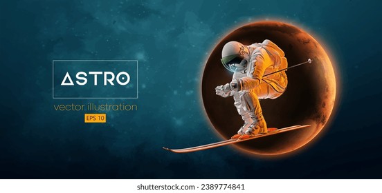 Silhouette abstracta de un astronauta esquiador en acción espacial y Tierra, Marte, planetas en el fondo del espacio. El esquiador haciendo un truco. Ilustración de representación 3d del vector de desplazamiento