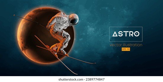 Abstract silhouette of a skiing astronaut in space action and Earth, Mars, planets on the background of the space. The skier man doing a trick. Carving Vector 3d render illustration