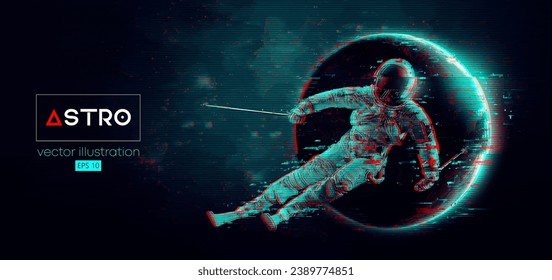 Abstract silhouette of a skiing astronaut in space action and Earth, Mars, planets on the background of the space. The skier man doing a trick. Carving Vector 3d render illustration