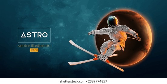 Abstrakte Silhouette eines Skiastronauten in Weltraumaktion und Erde, Mars, Planeten auf dem Hintergrund des Raumes. Der Skifahrer macht einen Trick. Carving Vector 3D Rendering Illustration