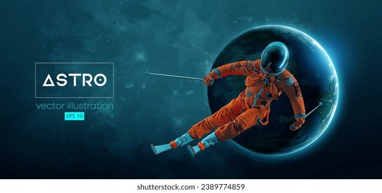 Abstract silhouette of a skiing astronaut in space action and Earth, Mars, planets on the background of the space. The skier man doing a trick. Carving Vector 3d render illustration