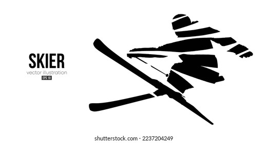 Abstract silhouette of a skiing on white background. The skier man doing a trick. Carving Vector illustration