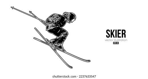 Abstract silhouette of a skiing on white background. The skier man doing a trick. Carving Vector illustration