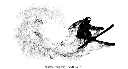 Abstract silhouette of a skiing on white background. The skier man doing a trick. Carving Vector illustration