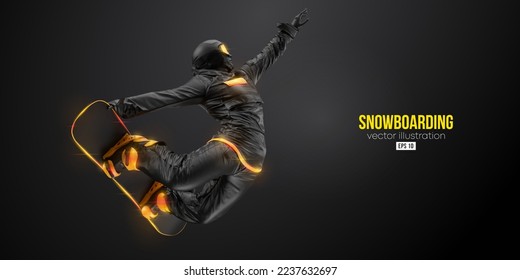 Abstract silhouette of a snowboarding on black background. The snowboarder man doing a trick. Carving. Vector illustration