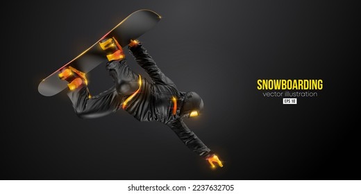 Abstract silhouette of a snowboarding on black background. The snowboarder man doing a trick. Carving. Vector illustration