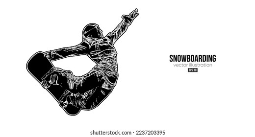 Abstract silhouette of a snowboarding on white background. The snowboarder man doing a trick. Carving. Vector illustration