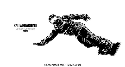 Abstract silhouette of a snowboarding on white background. The snowboarder man doing a trick. Carving. Vector illustration