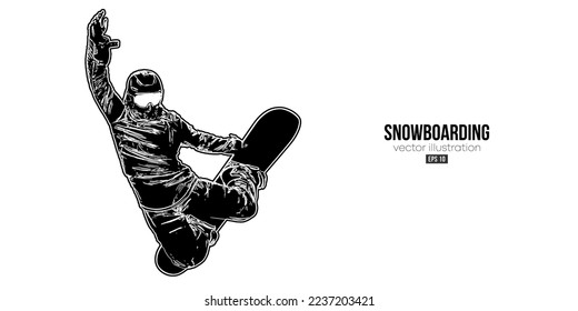 Abstract silhouette of a snowboarding on white background. The snowboarder man doing a trick. Carving. Vector illustration
