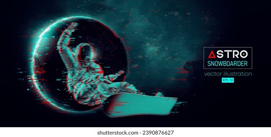Abstract silhouette of a snowboarding in space action and Earth, Mars, planets on the background of the space. The snowboarder man doing a trick. Carving. Vector 3d render illustration