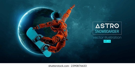 Abstract silhouette of a snowboarding in space action and Earth, Mars, planets on the background of the space. The snowboarder man doing a trick. Carving. Vector 3d render illustration