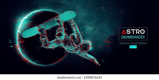 Abstract silhouette of a snowboarding in space action and Earth, Mars, planets on the background of the space. The snowboarder man doing a trick. Carving. Vector 3d render illustration
