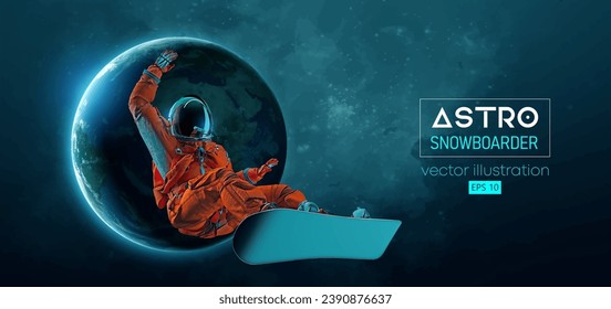 Abstract silhouette of a snowboarding in space action and Earth, Mars, planets on the background of the space. The snowboarder man doing a trick. Carving. Vector 3d render illustration