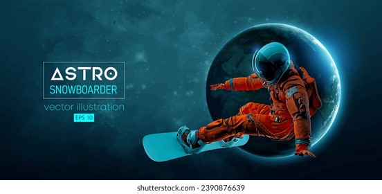 Abstract silhouette of a snowboarding in space action and Earth, Mars, planets on the background of the space. The snowboarder man doing a trick. Carving. Vector 3d render illustration