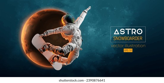 Abstract silhouette of a snowboarding in space action and Earth, Mars, planets on the background of the space. The snowboarder man doing a trick. Carving. Vector 3d render illustration