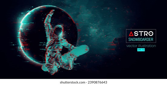 Abstract silhouette of a snowboarding in space action and Earth, Mars, planets on the background of the space. The snowboarder man doing a trick. Carving. Vector 3d render illustration