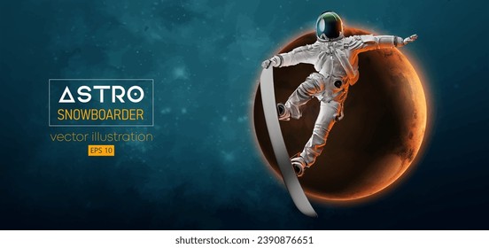 Abstract silhouette of a snowboarding in space action and Earth, Mars, planets on the background of the space. The snowboarder man doing a trick. Carving. Vector 3d render illustration