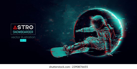 Abstract silhouette of a snowboarding in space action and Earth, Mars, planets on the background of the space. The snowboarder man doing a trick. Carving. Vector 3d render illustration