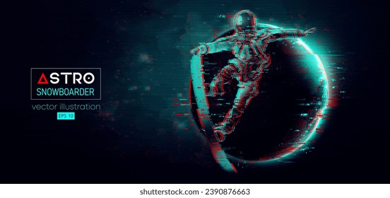 Abstract silhouette of a snowboarding in space action and Earth, Mars, planets on the background of the space. The snowboarder man doing a trick. Carving. Vector 3d render illustration