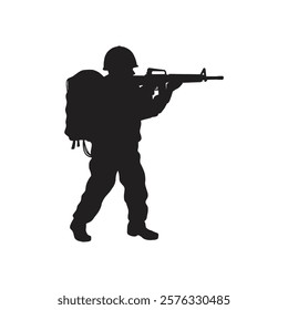 Abstract silhouette of solider and force. Illustration of military action. Vector illustration.  