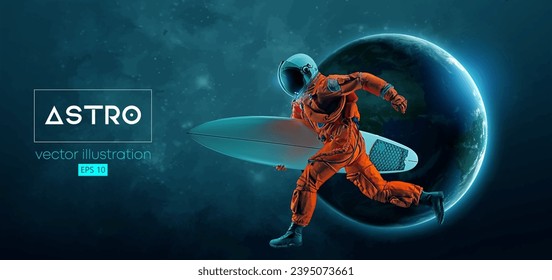 Abstract silhouette of a surfer, astronaut in space action and Earth, Mars, planets on the background of the space. Vector 3d render illustration