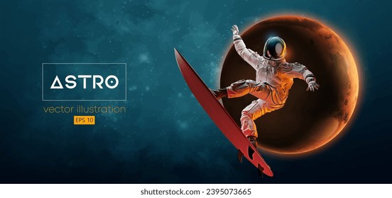 Abstract silhouette of a surfer, astronaut in space action and Earth, Mars, planets on the background of the space. Vector 3d render illustration