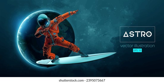 Abstract silhouette of a surfer, astronaut in space action and Earth, Mars, planets on the background of the space. Vector 3d render illustration