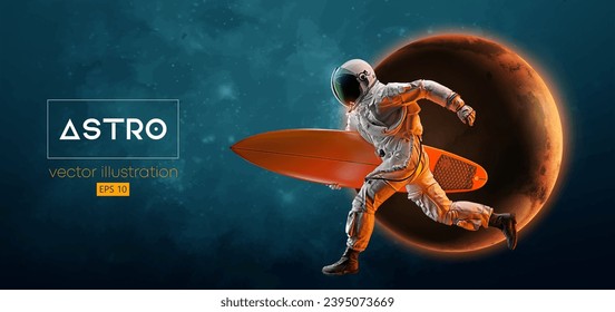 Abstract silhouette of a surfer, astronaut in space action and Earth, Mars, planets on the background of the space. Vector 3d render illustration