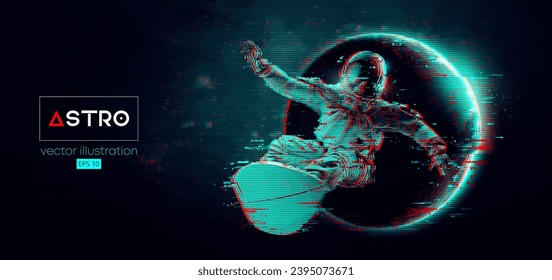 Abstract silhouette of a surfer, astronaut in space action and Earth, Mars, planets on the background of the space. Vector 3d render illustration