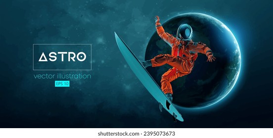 Abstract silhouette of a surfer, astronaut in space action and Earth, Mars, planets on the background of the space. Vector 3d render illustration