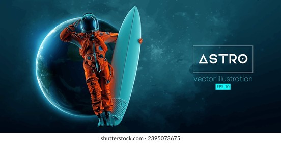 Abstract silhouette of a surfer, astronaut in space action and Earth, Mars, planets on the background of the space. Vector 3d render illustration