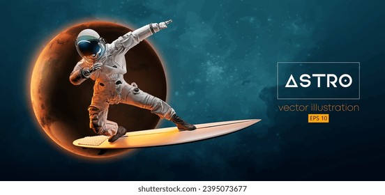 Abstract silhouette of a surfer, astronaut in space action and Earth, Mars, planets on the background of the space. Vector 3d render illustration