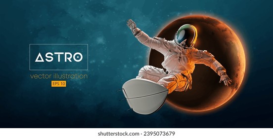 Abstract silhouette of a surfer, astronaut in space action and Earth, Mars, planets on the background of the space. Vector 3d render illustration